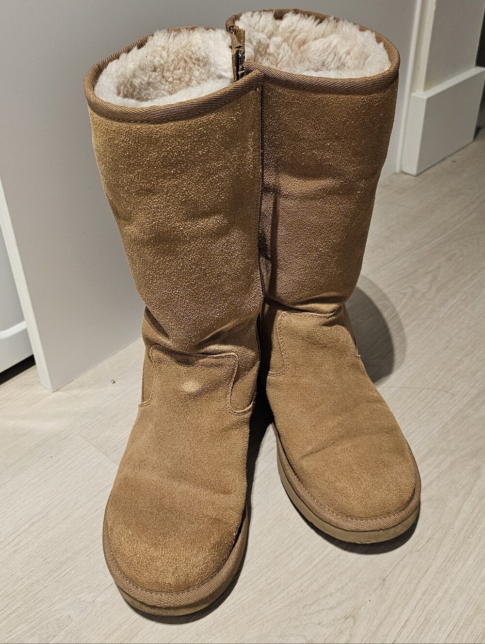 UGG Chestnut Suede Mid-Calf Boots with Shearling Trim